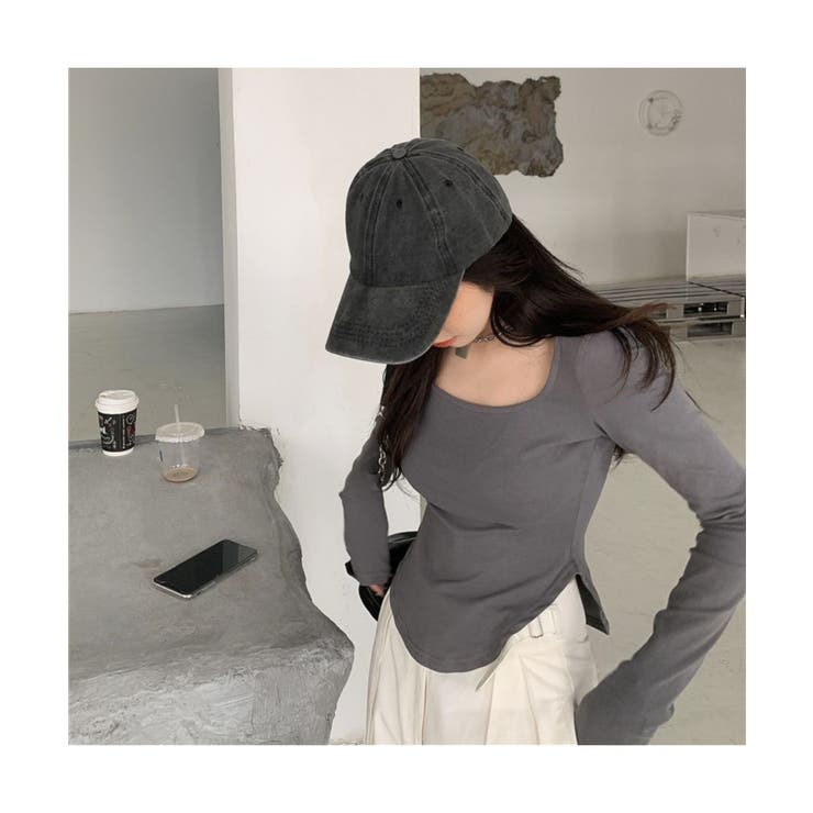 裾デザインが可愛いUネックスリットTシャツ 長袖 無地[品番