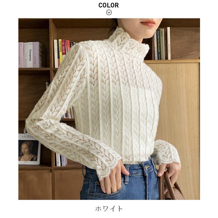 上品な透け感が女性らしいハイネックレーストップス 春 海外風 上品な透け感が女性らしいハイネックレーストップス 春 海外風
