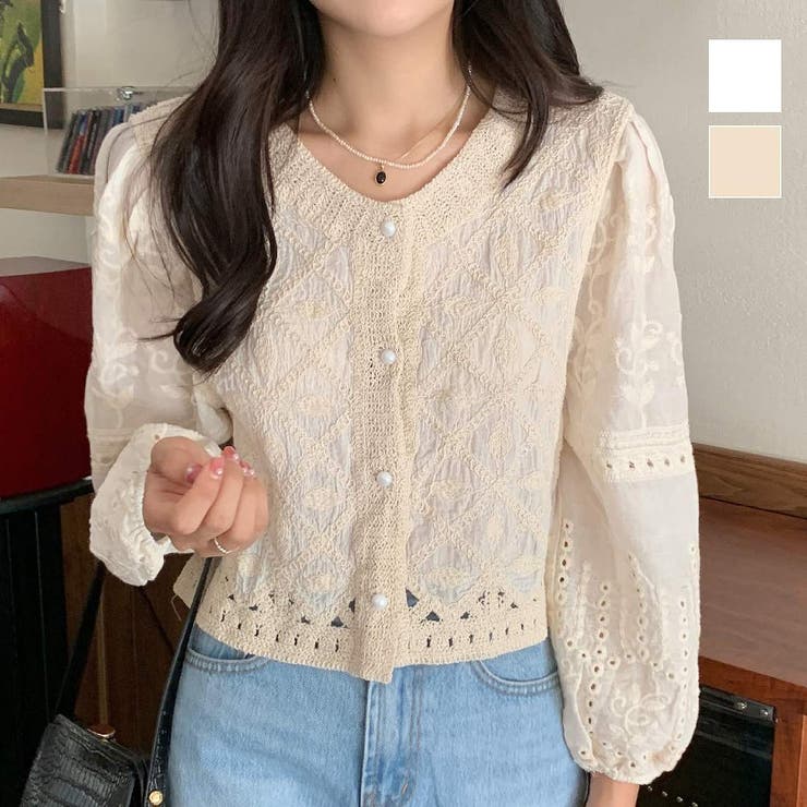 コーデをエレガントに演出する刺繍デザインパフスリーブトップス 韓国 冬 | maison de LATIR | 詳細画像1 