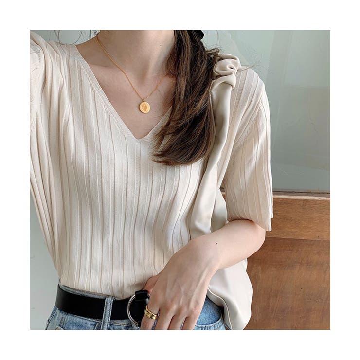 すっきりしたシルエットが女性らしいVネックサマーニット 冬 半袖 | maison de LATIR | 詳細画像2 