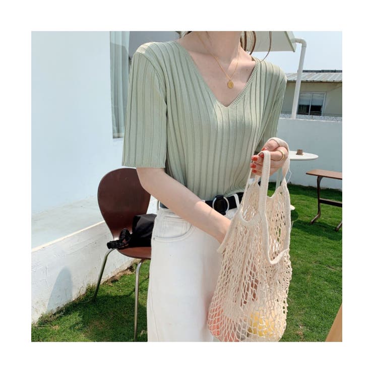 すっきりしたシルエットが女性らしいVネックサマーニット 冬 半袖 | maison de LATIR | 詳細画像4 