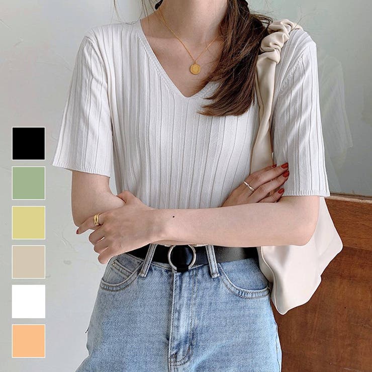 すっきりしたシルエットが女性らしいVネックサマーニット 冬 半袖 | maison de LATIR | 詳細画像1 