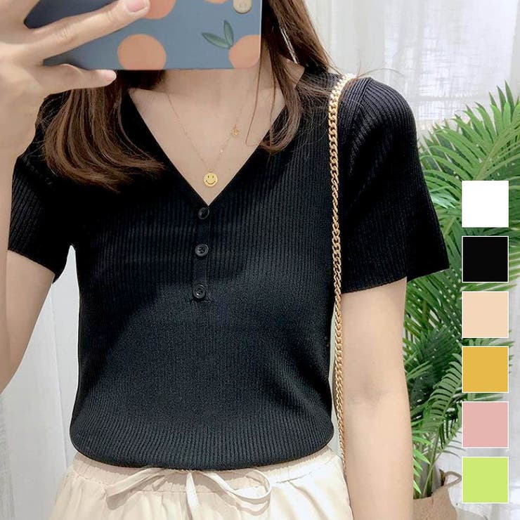 スリムシルエットで女性らしいボタンデザインリブトップス Vネック 春 | maison de LATIR | 詳細画像1 