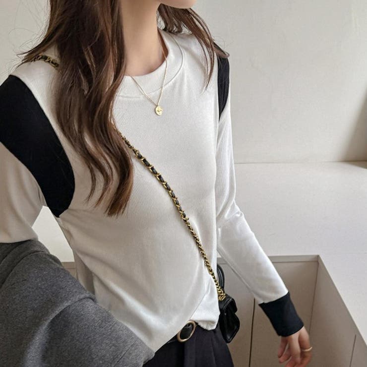 さりげない配色で上品なロングスリーブ配色レイヤードカラーブロッキングトップス シ… | maison de LATIR | 詳細画像2 