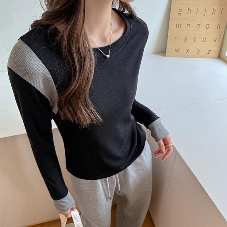 さりげない配色で上品なロングスリーブ配色レイヤードカラーブロッキングトップス シ… | maison de LATIR | 詳細画像3 