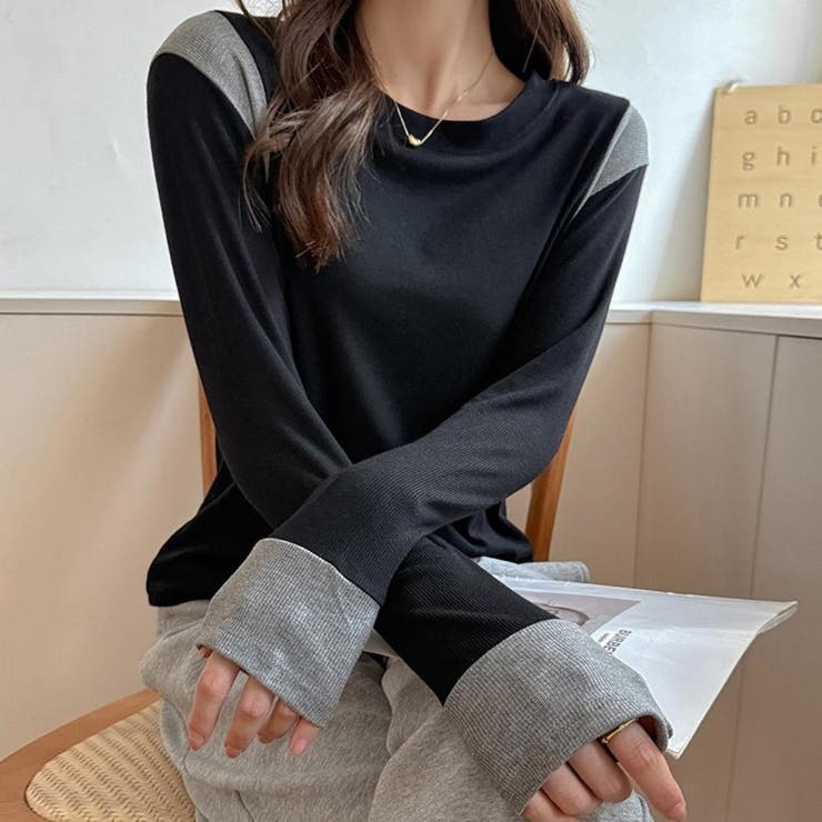 さりげない配色で上品なロングスリーブ配色レイヤードカラーブロッキングトップス シ… | maison de LATIR | 詳細画像4 