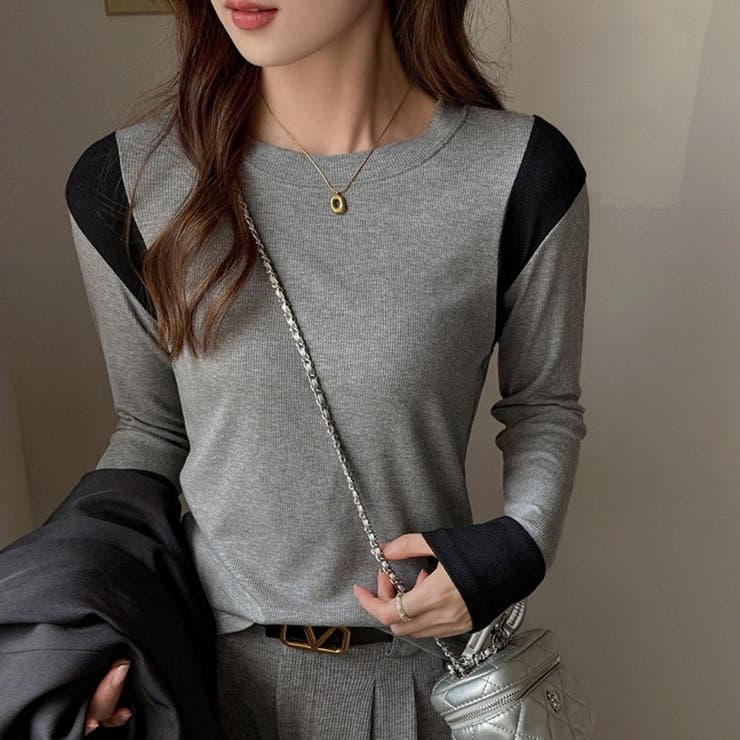 さりげない配色で上品なロングスリーブ配色レイヤードカラーブロッキングトップス シ… | maison de LATIR | 詳細画像6 