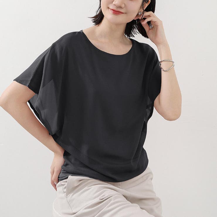 ブラック | 清涼感のあるシアー素材で爽やかなバタフライスリーブブラウス シンプル カットソー | maison de LATIR