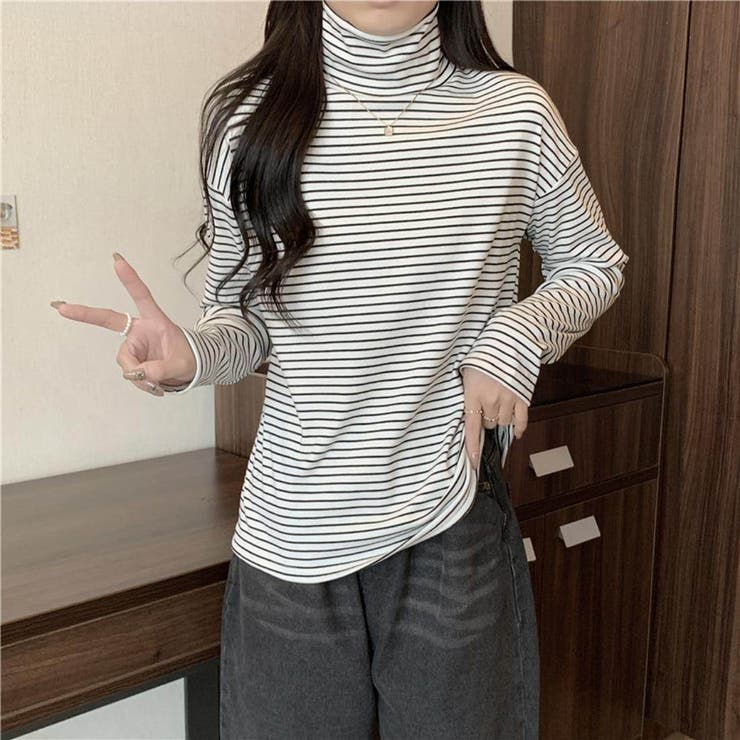 ハイネックボーダー長袖Tシャツ 長袖 ロンT[品番：MSDL0003127 