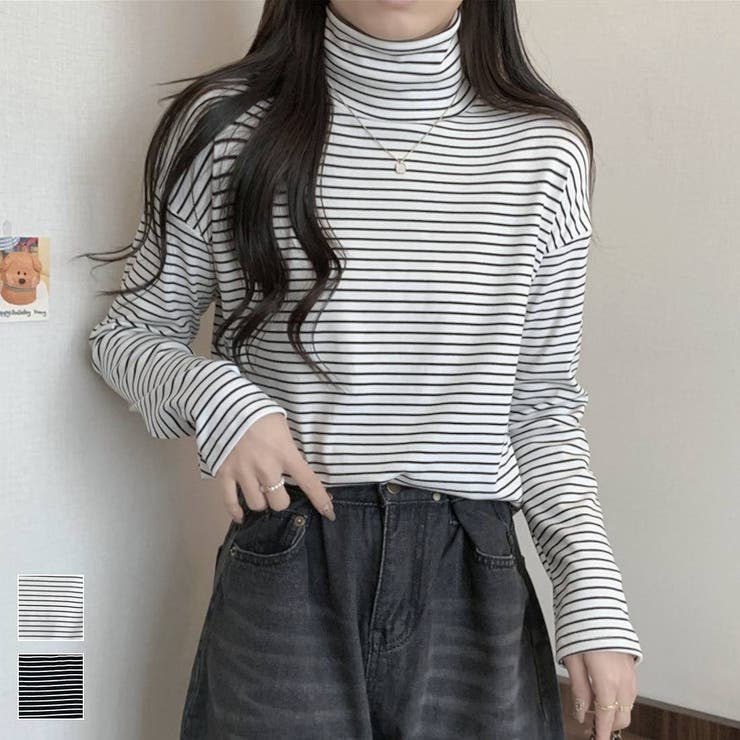 ハイネックボーダー長袖Tシャツ 長袖 ロンT[品番：MSDL0003127