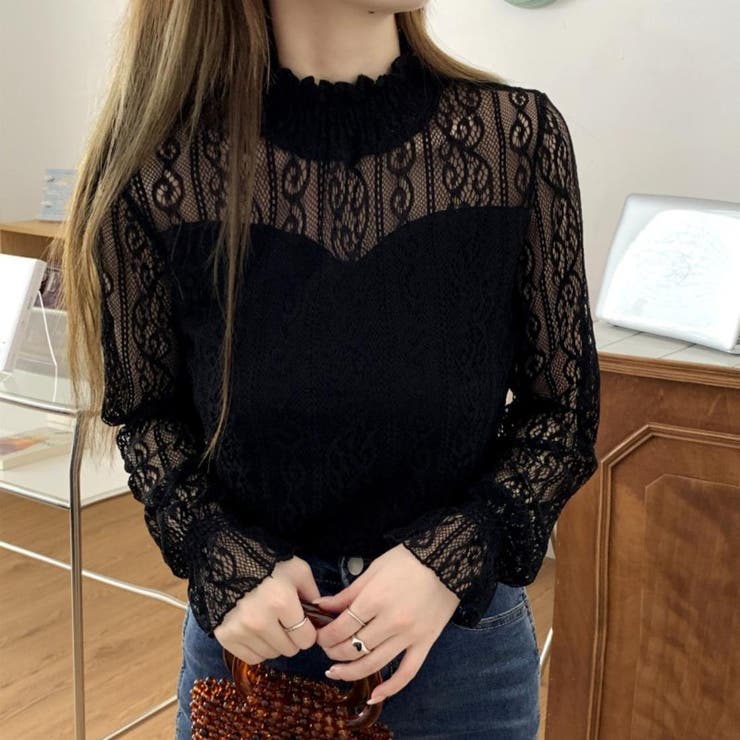 ブラック | 女性らしさを上品に引き立ててくれるハーフネックレーストップス 長袖 キャンディー… | maison de LATIR