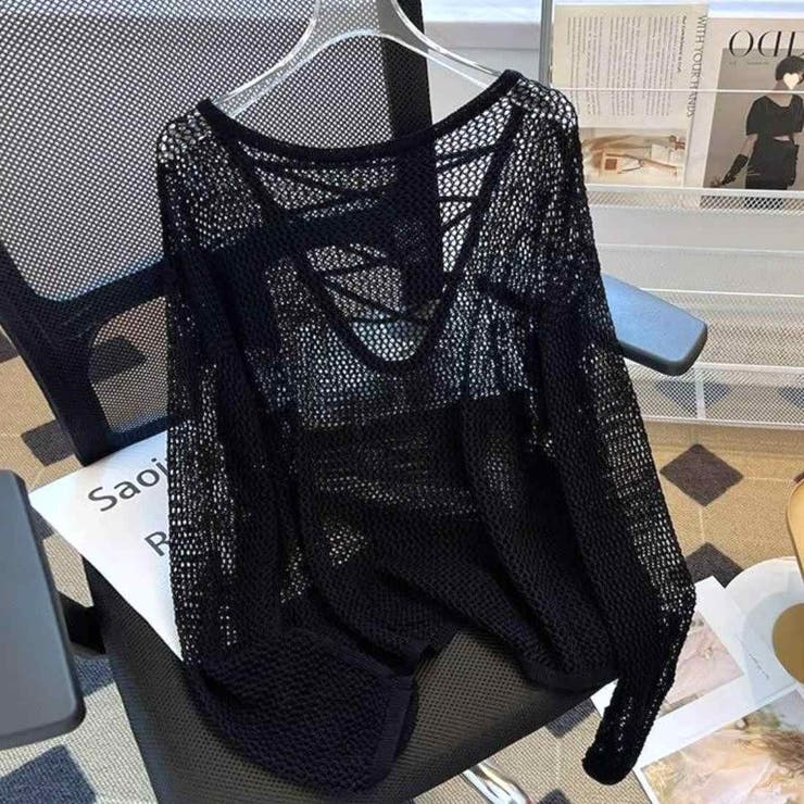 ブラック | 透け感レイヤードも楽しめる長袖シアートップス シアー シースルー | maison de LATIR