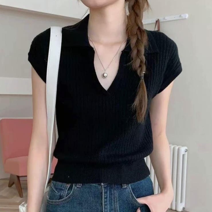 ブラック | ナチュラルなきちんと感のリブニットトップス 上品 フェミニン | maison de LATIR