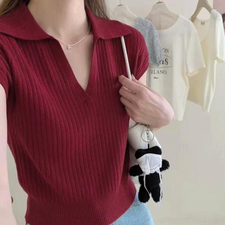 ワイン | ナチュラルなきちんと感のリブニットトップス 上品 フェミニン | maison de LATIR