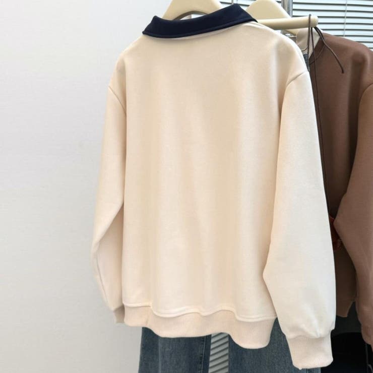 冬の大人カジュアルハーフジップバイカラーレイヤード風ロゴトレーナー 切替 重ね着 | maison de LATIR | 詳細画像4 