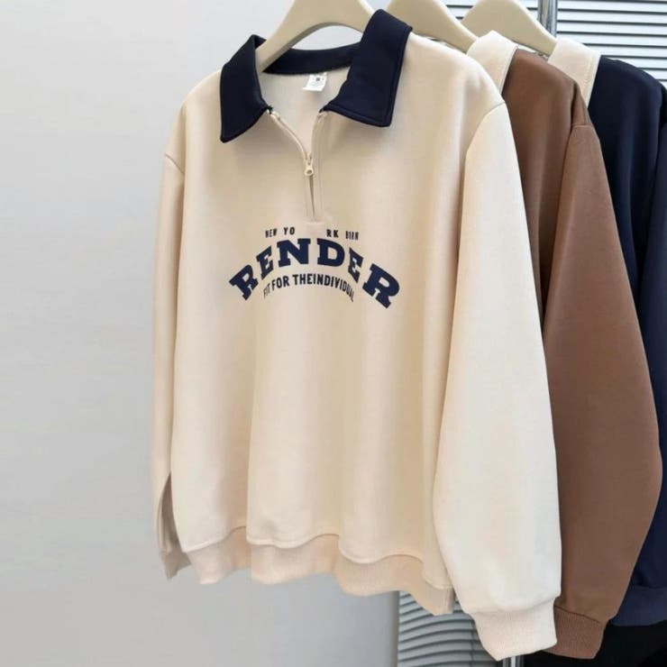 ベージュ | 冬の大人カジュアルハーフジップバイカラーレイヤード風ロゴトレーナー 切替 重ね着 | maison de LATIR