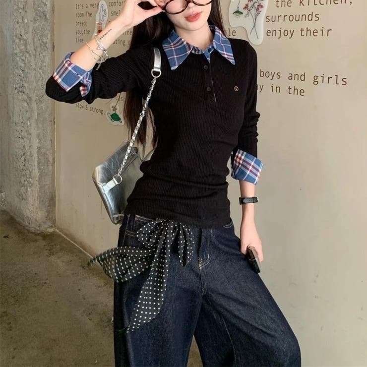 大人可愛いレイヤード異素材長袖ポロシャツトップス チェック柄 切替