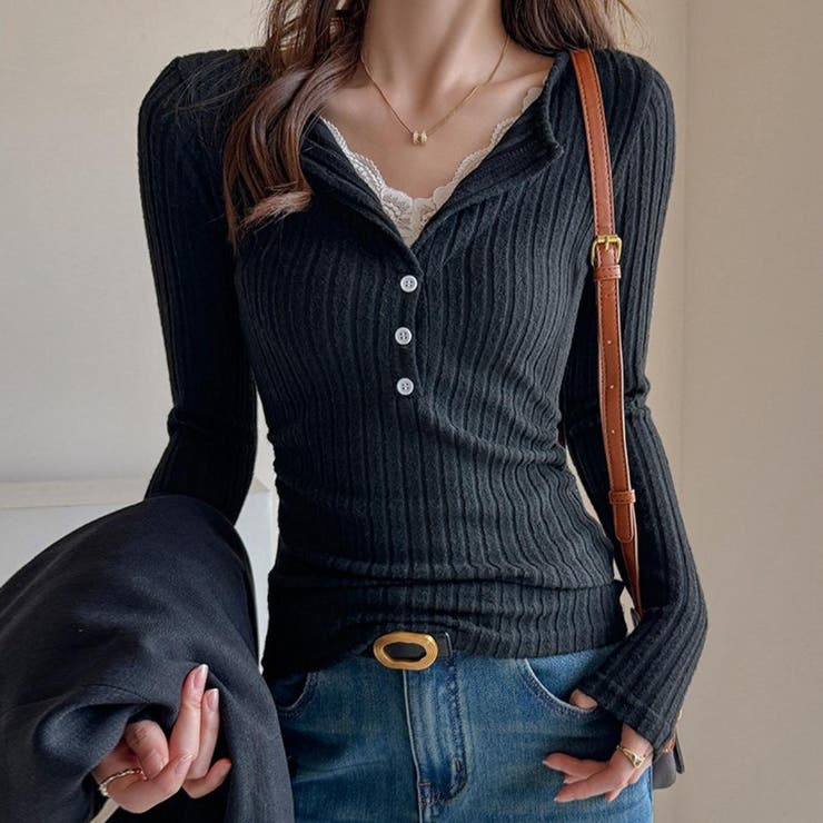 ブラック | 1着でコーディネート完成。レイヤード風ニットトップス 重ね着 オフィス | maison de LATIR