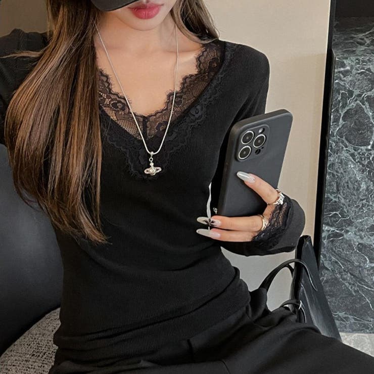 上品に映えるレース付きVネックリブカットソー リブカットソー Vネックトップス | maison de LATIR | 詳細画像4 