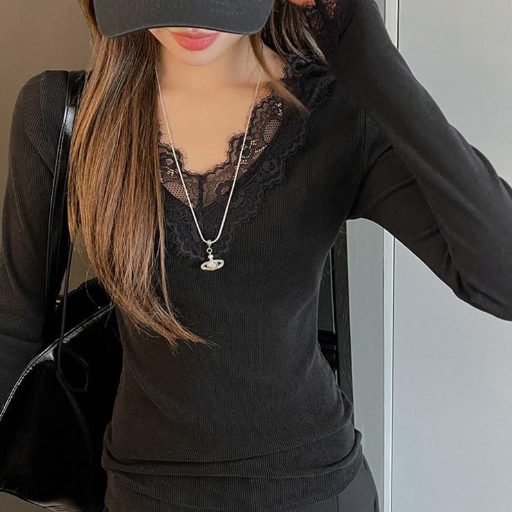 上品に映えるレース付きVネックリブカットソー リブカットソー Vネックトップス | maison de LATIR | 詳細画像5 