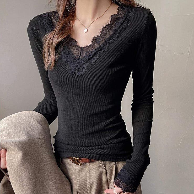 ブラック | 上品に映えるレース付きVネックリブカットソー リブカットソー Vネックトップス | maison de LATIR