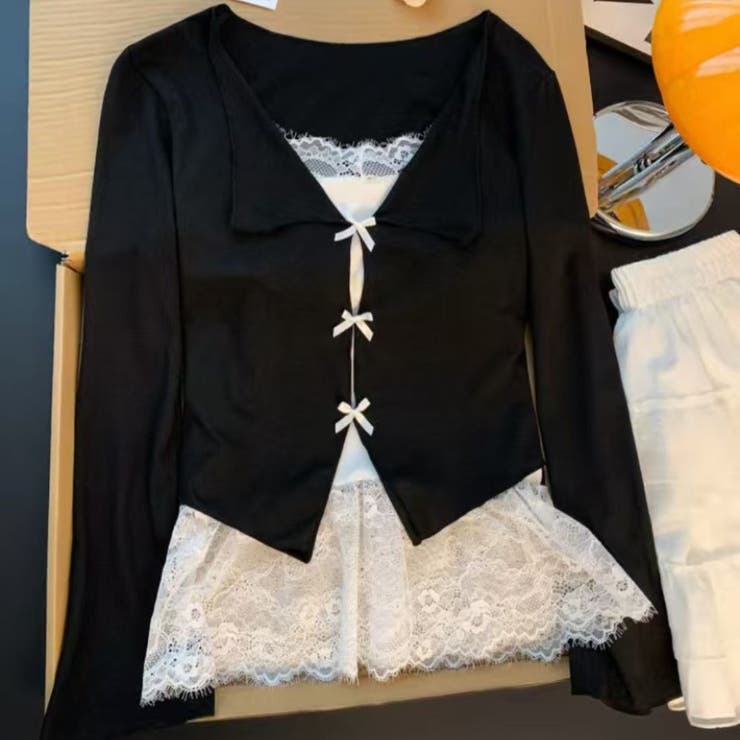 ブラック | 気分までやさしく華やぐレイヤード風トップス オフィス オフィスカジュアル | maison de LATIR