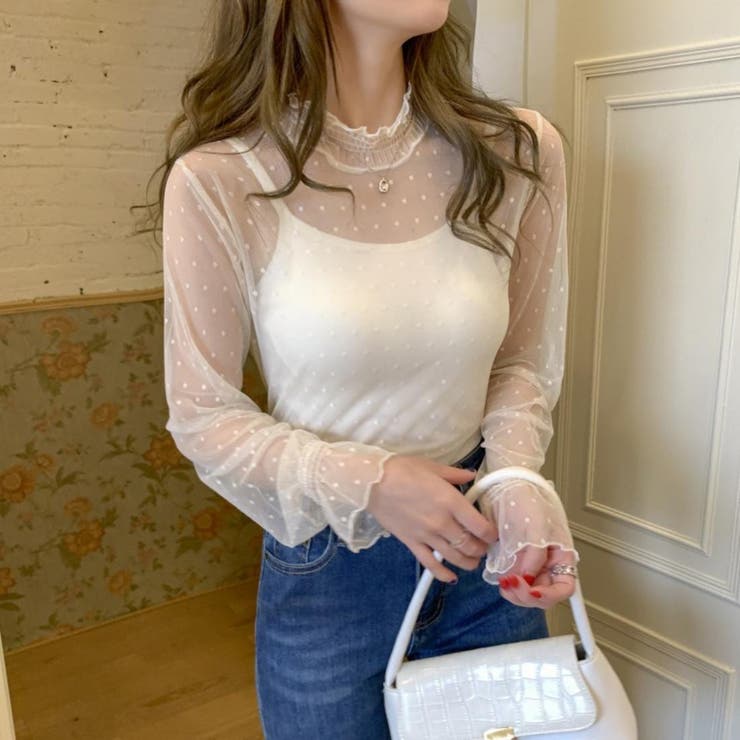 ドットピンク | 大人の透け感。シアードットメロウインナー レース長袖カットソー 夏服 | maison de LATIR