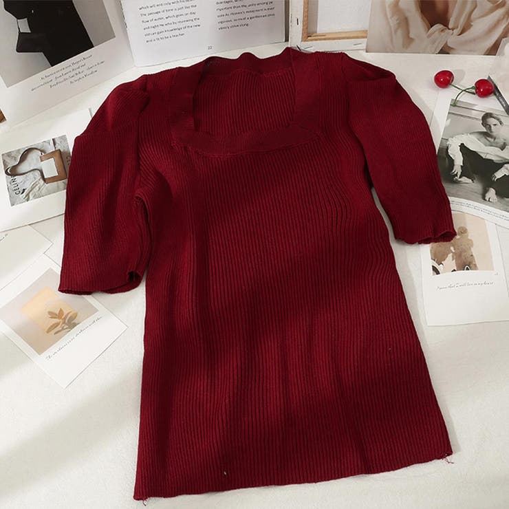 ワインレッド | さりげないデザインがこなれ感を出してくれるニット スクエアネック シャーリングス… | maison de LATIR