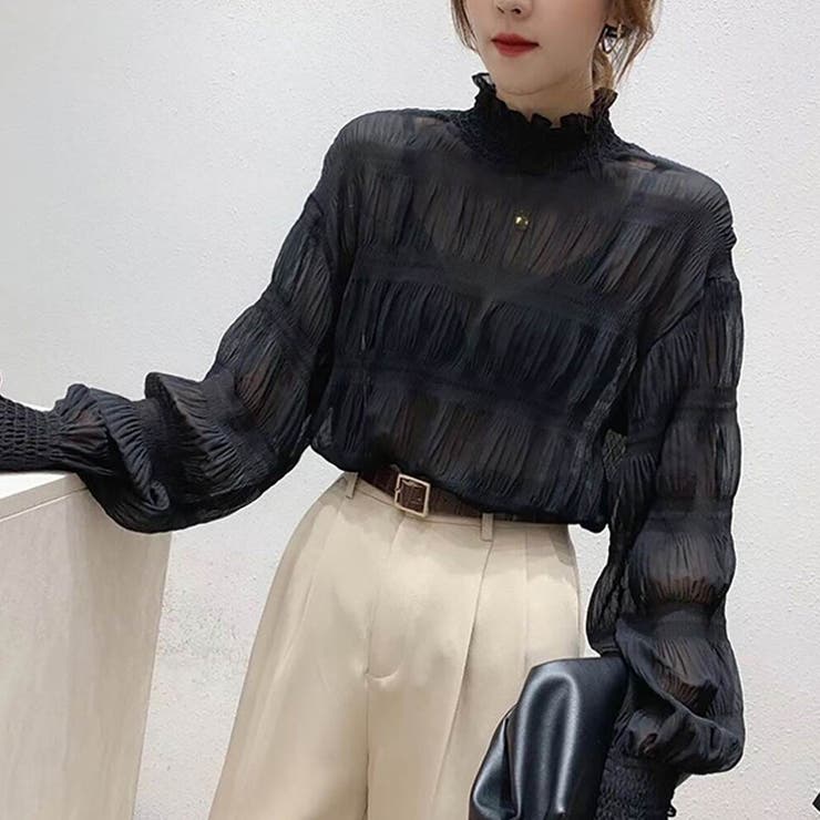 ブラック | 大人の可愛らしさを演出するシアーシャーリング長袖ブラウス プルオーバー 上品 | maison de LATIR