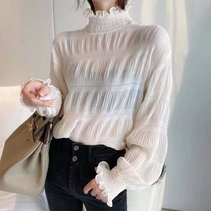 ホワイト | 大人の可愛らしさを演出するシアーシャーリング長袖ブラウス プルオーバー 上品 | maison de LATIR