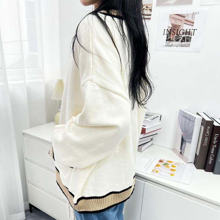 オーバーサイズのVネックカーディガン 配色ライン 個性的 | maison de LATIR | 詳細画像15 