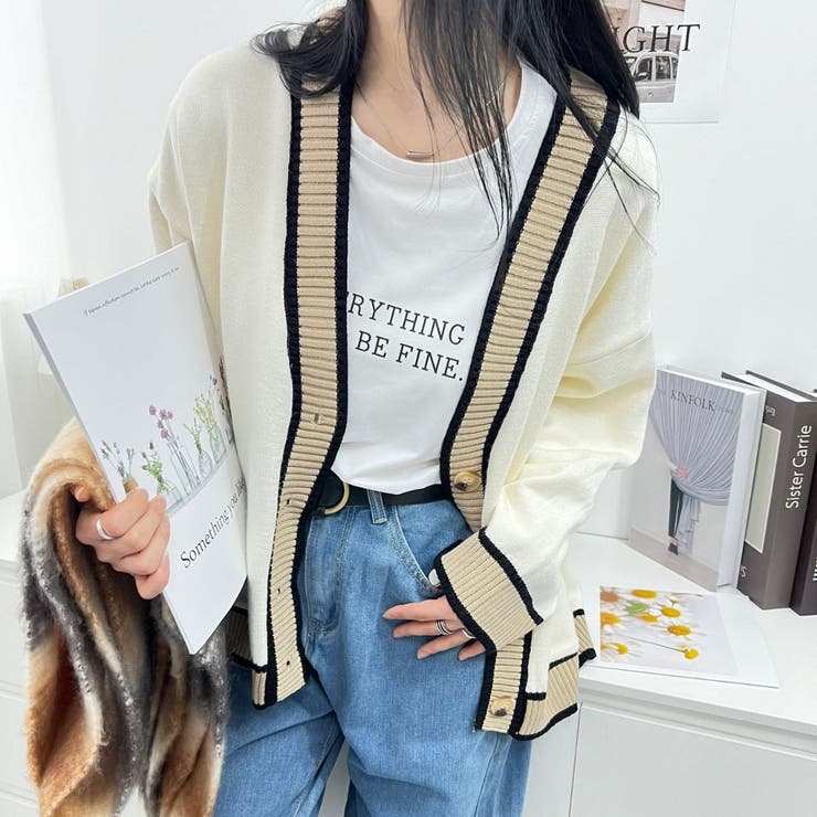 オーバーサイズのVネックカーディガン 配色ライン 個性的 | maison de LATIR | 詳細画像17 
