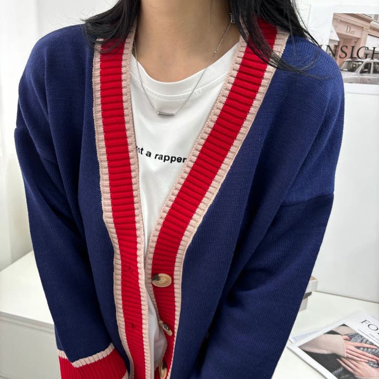 オーバーサイズのVネックカーディガン 配色ライン 個性的 | maison de LATIR | 詳細画像23 
