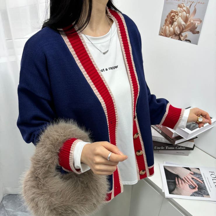 オーバーサイズのVネックカーディガン 配色ライン 個性的 | maison de LATIR | 詳細画像25 