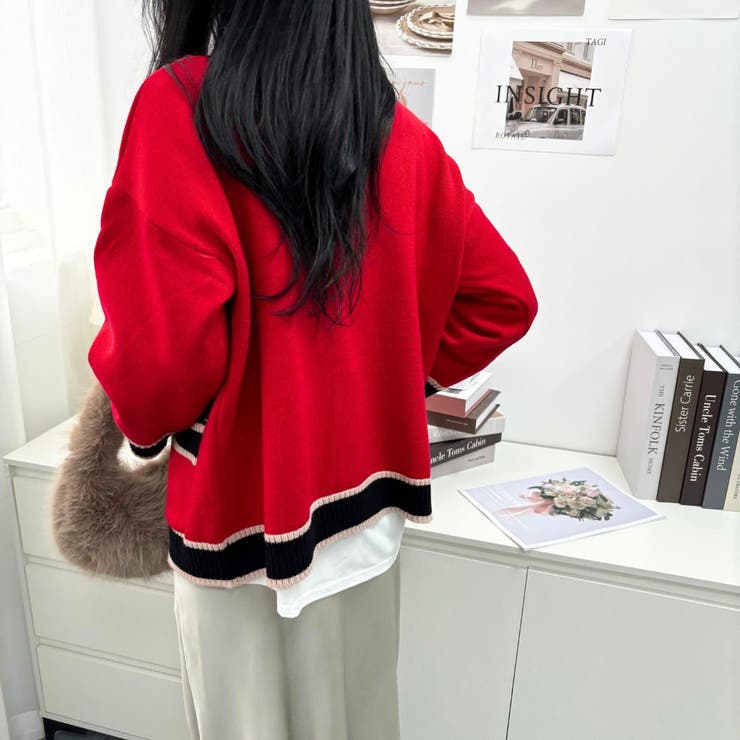 オーバーサイズのVネックカーディガン 配色ライン 個性的 | maison de LATIR | 詳細画像38 