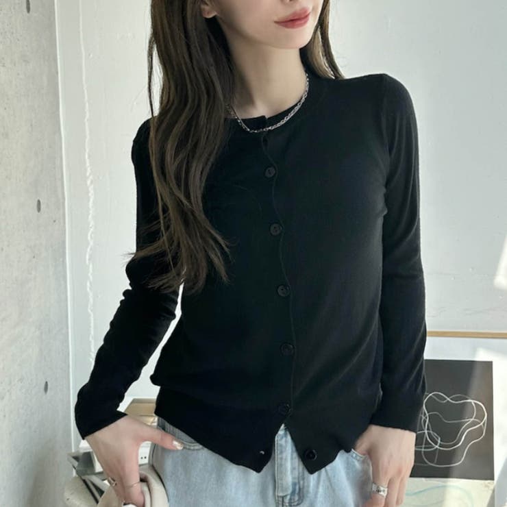 ブラック | 冬に使えるシンプルながらもトレンド感もあるクルーネックカーディガン トップス 羽… | maison de LATIR