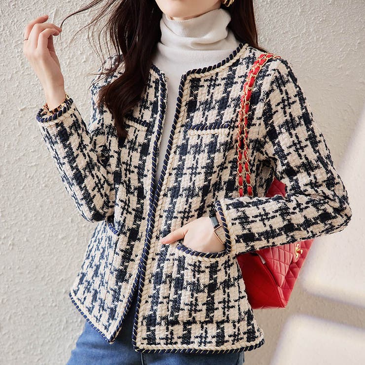 ブラック | トレンドのレトロ感がおしゃれな千鳥柄ツィードノーカラージャケット 上品 大人 | maison de LATIR