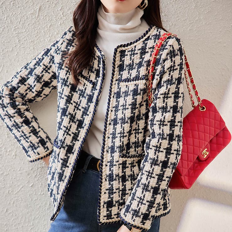 トレンドのレトロ感がおしゃれな千鳥柄ツィードノーカラージャケット 上品 大人 | maison de LATIR | 詳細画像1 