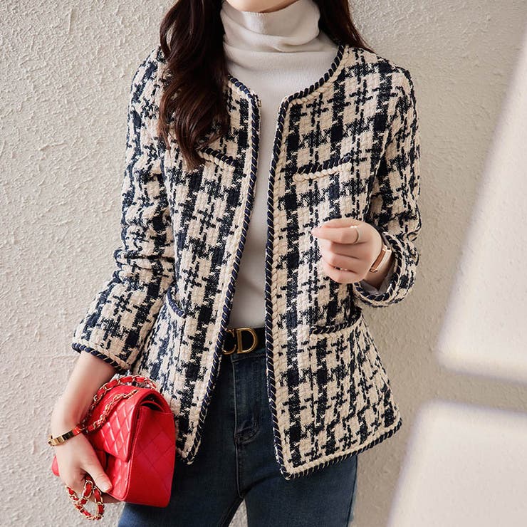 トレンドのレトロ感がおしゃれな千鳥柄ツィードノーカラージャケット 上品 大人 | maison de LATIR | 詳細画像2 