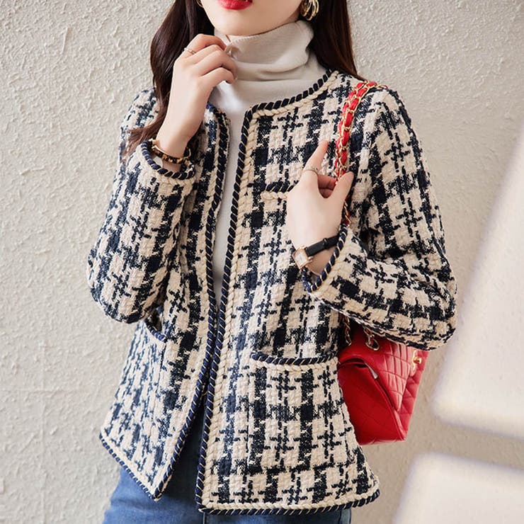 トレンドのレトロ感がおしゃれな千鳥柄ツィードノーカラージャケット 上品 大人 | maison de LATIR | 詳細画像3 
