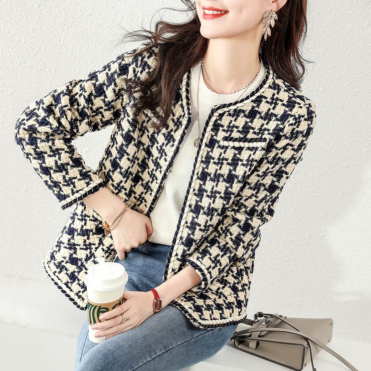 トレンドのレトロ感がおしゃれな千鳥柄ツィードノーカラージャケット 上品 大人 | maison de LATIR | 詳細画像5 