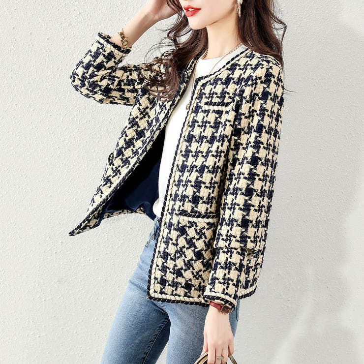 トレンドのレトロ感がおしゃれな千鳥柄ツィードノーカラージャケット 上品 大人 | maison de LATIR | 詳細画像7 