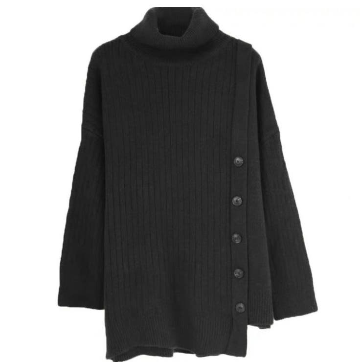 フェミニン感たっぷりのボタンデザインニットチュニック ハイネック 冬