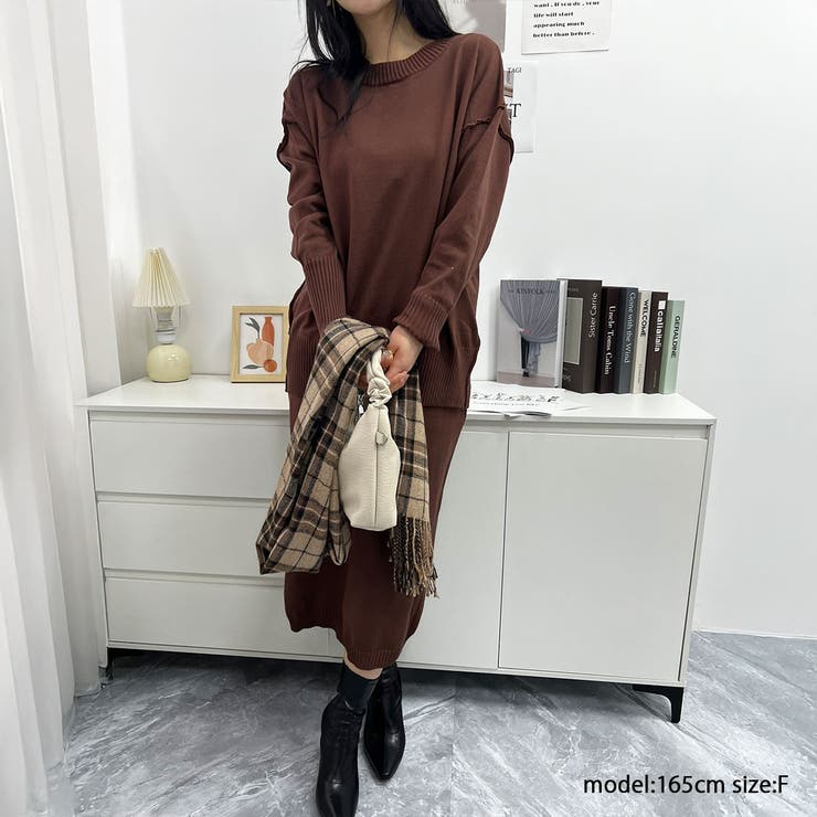 クルーネックニット×タイトスカート ニットセットアップ 春[品番 クルーネックニット×タイトスカート ニットセットアップ 春[品番