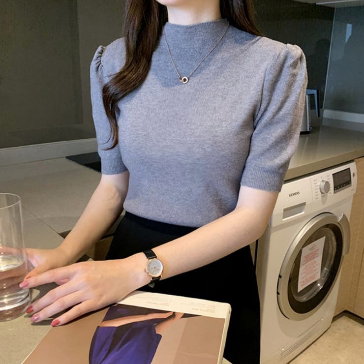 グレー | 春夏が主役半袖ハイネックリブニットトップス。パフスリーブで美シルエットビジネスに… | maison de LATIR
