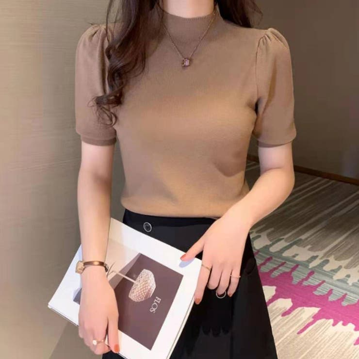 モカ | 春夏が主役半袖ハイネックリブニットトップス。パフスリーブで美シルエットビジネスに… | maison de LATIR