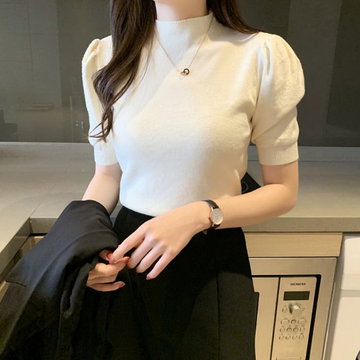 ホワイト | 春夏が主役半袖ハイネックリブニットトップス。パフスリーブで美シルエットビジネスに… | maison de LATIR