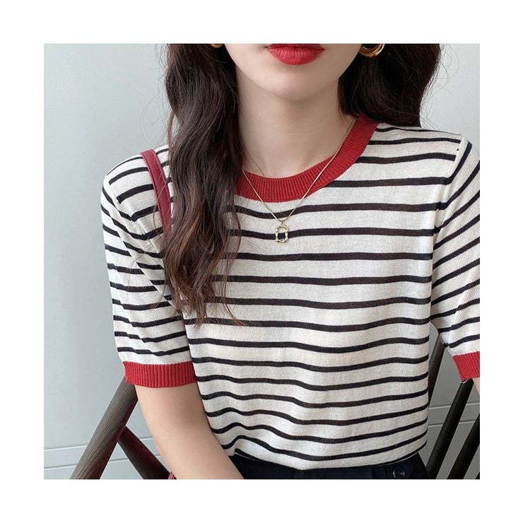 顔周りを明るく演出するバイカラーボーダーTシャツ 半袖 ストライプ | maison de LATIR | 詳細画像3 