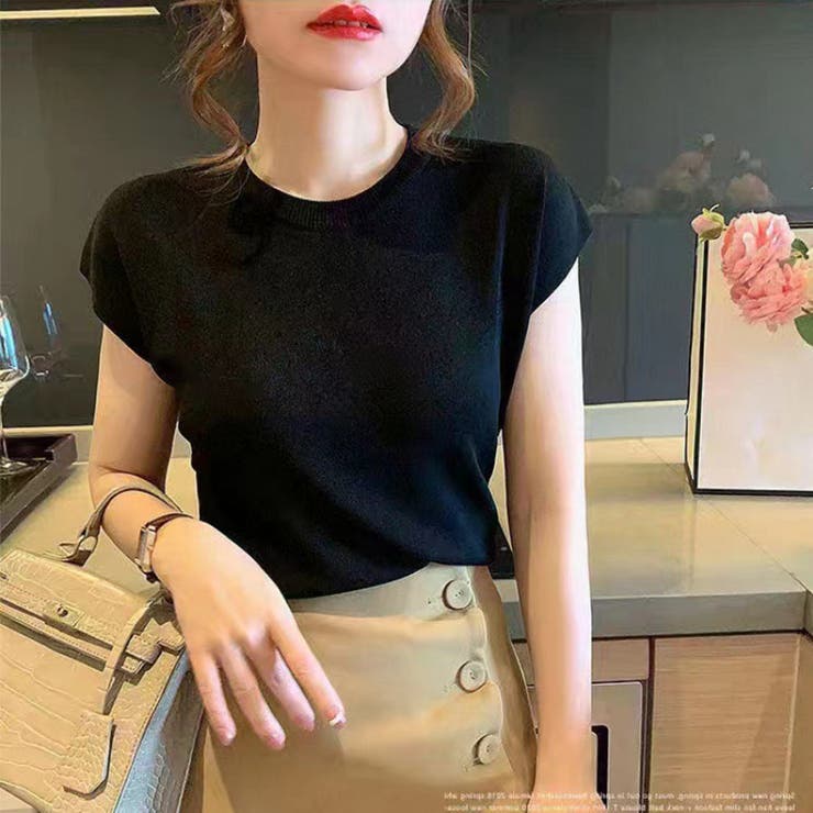 ブラック | コーデを上品に仕上げるフレンチスリーブサマーニット 冬 無地 | maison de LATIR