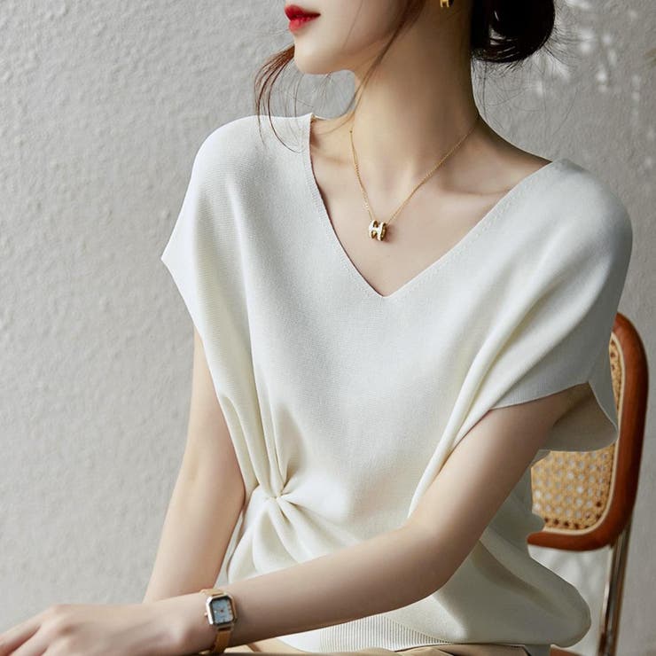 《7色展開》イージーケア上品見えVネックフレンチスリーブ夏服半袖サマーニット き… | maison de LATIR | 詳細画像3 